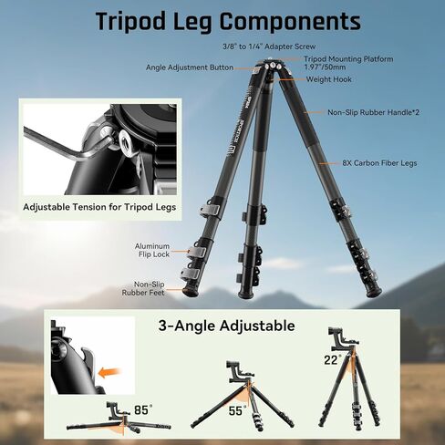 حامل ثلاثي من ألياف الكربون SP324 عالي التحمل ومجموعة رأس BH-10 Gimbal، احترافية للمناظر الطبيعية والحياة البرية وتصوير الطيور والرياضة والمقربة الطويلة وتتبع الفيديو، يدعم ما يصل إلى 33 رطل/15 كجم in Kuwait