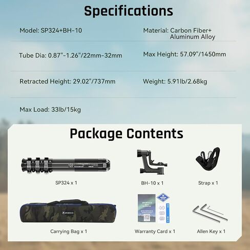 حامل ثلاثي من ألياف الكربون SP324 عالي التحمل ومجموعة رأس BH-10 Gimbal، احترافية للمناظر الطبيعية والحياة البرية وتصوير الطيور والرياضة والمقربة الطويلة وتتبع الفيديو، يدعم ما يصل إلى 33 رطل/15 كجم in Kuwait