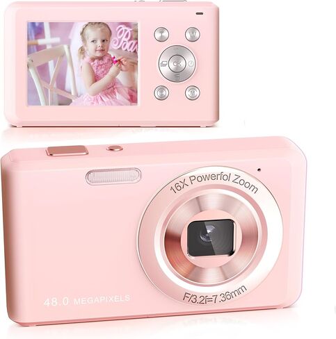 كاميرا رقمية، كاميرا مدمجة FHD 1080P مع بطاقة 32 جيجابايت، كاميرا 48 ميجابكسل 2.4 بوصة LCD 16X تكبير رقمي للأطفال والطلاب والمراهقين والبنات (وردي) in Kuwait