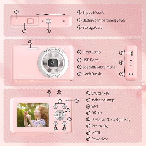كاميرا رقمية، كاميرا مدمجة FHD 1080P مع بطاقة 32 جيجابايت، كاميرا 48 ميجابكسل 2.4 بوصة LCD 16X تكبير رقمي للأطفال والطلاب والمراهقين والبنات (وردي) in Kuwait