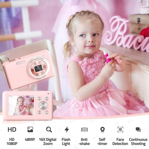 كاميرا رقمية، كاميرا مدمجة FHD 1080P مع بطاقة 32 جيجابايت، كاميرا 48 ميجابكسل 2.4 بوصة LCD 16X تكبير رقمي للأطفال والطلاب والمراهقين والبنات (وردي) in Kuwait