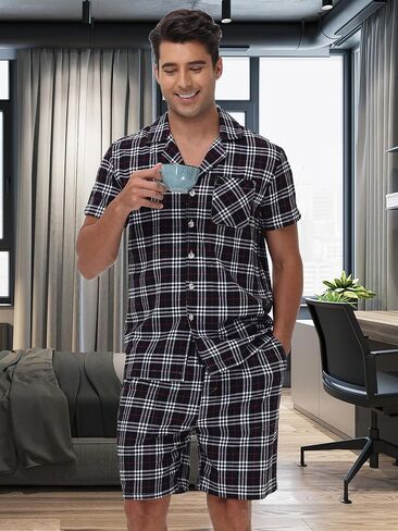 Men's 100% Cotton Plaid Pajama Set – Breathable Cozy Sleep & Lounge Shorts with Elastic Waist for Homewear in Saudi Arabia