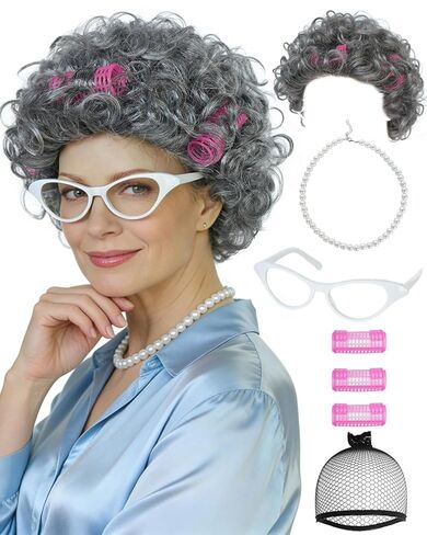 JoneTing Old Lady Wig【+ Hair Cap + White Glasses + Pearl Necklace with Hair Rollers】 Short Silver Gray Curly Wigs for Adults Granny Wig 100 Days of School Costume for Halloween Christmas Party Oufit in Saudi Arabia