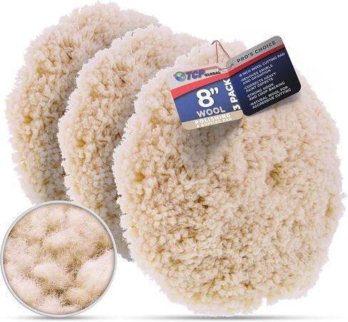 TCP Global 8" 100% Wool Polishing & Buffing Pad (3 Pack) with Hook and Loop Backing - Wool Buffing Pad for Automotive, Marine, Truck, RV & Compound Cutting in Saudi Arabia