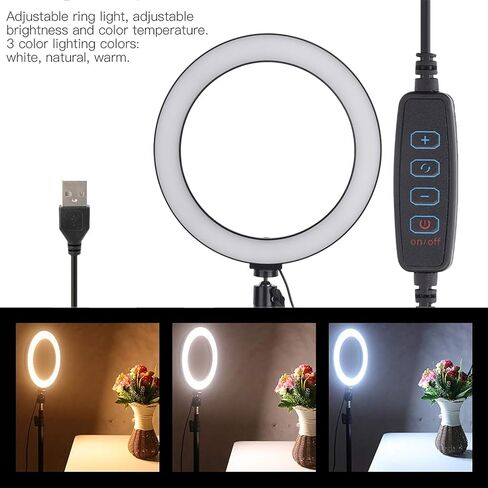 مصباح تصوير فوتوغرافي USB مقاس 10 بوصات LED قابل للتعتيم مع مشبك هاتف وحامل ثلاثي القوائم قابل للطي و3 ألوان إضاءة للبث المباشر والمكياج وإنشاء المحتوى in Kuwait