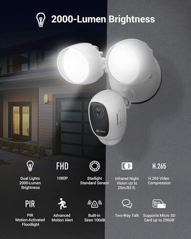 كاميرا EZVIZ LC1C بيضاء عالية الدقة للإضاءة الخارجية مع PIR، H.265، مستشعر ضوء النجوم، كشف الحركة المتقدم، صفارة الإنذار المدمجة، التحدث في اتجاهين، تدعم بطاقة Micro SD (متجددة) in Kuwait