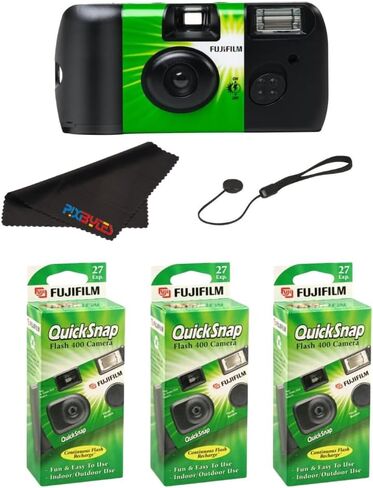 كاميرا Fujifilm QuickSnap Flash 400 للاستخدام مرة واحدة مع حافظة للغطاء وقطعة قماش للتنظيف من الألياف الدقيقة من Pixibytes... (3 عبوات (QuickSnap)) in Kuwait