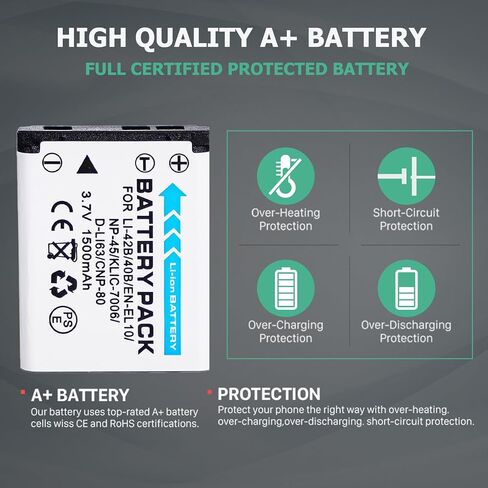 (ترقية) بطارية NP-45 (1500 مللي أمبير) متوافقة مع Fujifilm NP-45A، NP-45B، NP-45S FinePix XP20 XP30 XP50 XP60 T500 T510 T550 JX520 JX550 JX700 JX710 JZ700 J100 J120 J210 J250 in Kuwait
