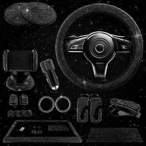 Pink Car Accessories Set, 27 Pieces – Bling Car Accessories for Interior Styling with Rhinestone Details for Daily Use, Universal Fit Kit for Steering Wheel, Vents, Mirror Area, Great Gift for Women in Saudi Arabia