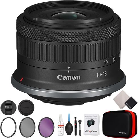 Canon RF-S 10-18mm f/4.5-6.3 عبارة عن عدسة تكبير ذات زاوية واسعة للغاية STM 6262C002 مع مجموعة أدوات فلتر فاخرة للأشعة فوق البنفسجية ومستقطب وFLD مقاس 67 مم ومجموعة تنظيف صور ديكو الكل في واحد مع حقيبة in Kuwait