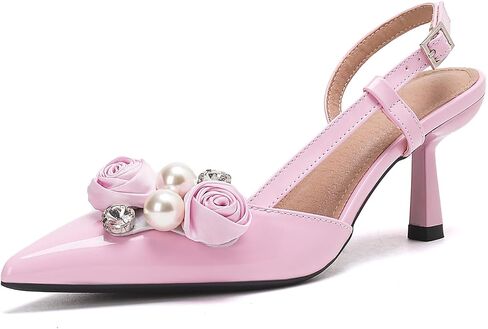 getmorebeauty Women's Slingback Kitten Heels Pearl Flower Pumps Buckle Strap Closed Pointed Toe Wedding Party Dress Sandals Shoes in Saudi Arabia
