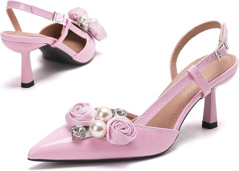 getmorebeauty Women's Slingback Kitten Heels Pearl Flower Pumps Buckle Strap Closed Pointed Toe Wedding Party Dress Sandals Shoes in Saudi Arabia