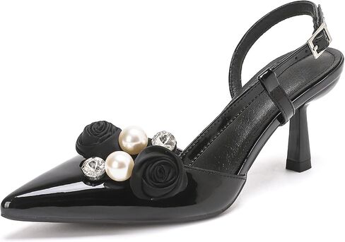getmorebeauty Women's Slingback Kitten Heels Pearl Flower Pumps Buckle Strap Closed Pointed Toe Wedding Party Dress Sandals Shoes in Saudi Arabia