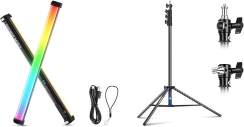 NEEWER Basics SL50 عصا إضاءة RGB مغناطيسية 21 بوصة مع CRI95 14W LED 51 وضعًا بطارية 4000 مللي أمبير في الساعة + حامل إضاءة مبطن بالهواء 9.8 قدم/3 متر مع حنفية قابلة للعكس من 1/4 بوصة إلى 3/8 بوصة، واجهة تركيب ثلاثية الاتجاهات in Kuwait
