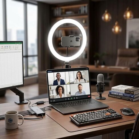 ضوء حلقة LED لتسجيل الفيديو والبث - ضوء حلقة هاتف احترافي مع حامل قابل للتعديل وحامل هاتف لسطح المكتب، ومعدات البودكاست، وتيك توك، ويوتيوب، وإضاءة مكتب المنزل in Kuwait
