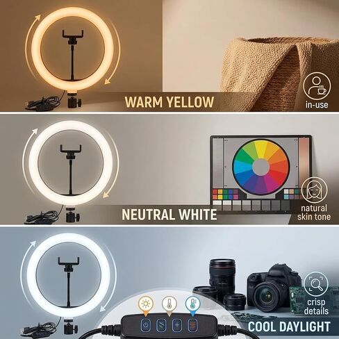 ضوء حلقة LED لتسجيل الفيديو والبث - ضوء حلقة هاتف احترافي مع حامل قابل للتعديل وحامل هاتف لسطح المكتب، ومعدات البودكاست، وتيك توك، ويوتيوب، وإضاءة مكتب المنزل in Kuwait