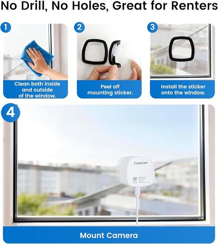 كاميرا مراقبة النافذة CasaCam WindowCam Air 2K داخلية للمنزل، بدون حامل مثقاب، رؤية ليلية بالألوان الكاملة، 2.4 جيجا هرتز و5 جيجا هرتز واي فاي، كشف الإنسان بالذكاء الاصطناعي، بدون اشتراك، تخزين محلي وسحابي، VC160A in Kuwait