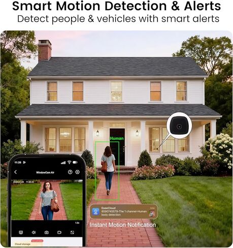 كاميرا مراقبة النافذة CasaCam WindowCam Air 2K داخلية للمنزل، بدون حامل مثقاب، رؤية ليلية بالألوان الكاملة، 2.4 جيجا هرتز و5 جيجا هرتز واي فاي، كشف الإنسان بالذكاء الاصطناعي، بدون اشتراك، تخزين محلي وسحابي، VC160A in Kuwait