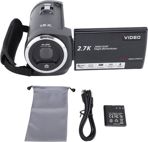 كاميرا فيديو Yosoo Health Gear 2.7K، 56 ميجابكسل، شاشة 2.8 بوصة 270 درجة، تقريب رقمي 16X، مع ضوء LED، للبث المباشر والسفر in Kuwait