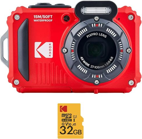 كاميرا رقمية Kodak PIXPRO WPZ2 متينة مقاومة للماء بدقة 16 ميجابكسل مع تكبير بصري 4X (أحمر) وبطاقة microSDHC سعة 32 جيجابايت مع حزمة محول (عنصران) in Kuwait