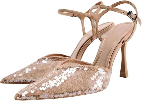 أحذية نسائية بكعب رفيع من Slingback أحذية مطرزة شبكية بالترتر اللامع وحزام الكاحل وإبزيم كعب ستيليتو وإغلاق بمقدمة مدببة وحفلات الزفاف والسهرات للنساء والسيدات والفتيات in Kuwait