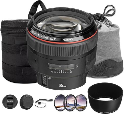 مجموعة عدسات Canon EF 85mm f/1.2L II USM | صورة شخصية احترافية من سلسلة L مع فتحة f/1.2 فائقة السرعة وتركيز تلقائي USM من النوع الدائري | لصور الزفاف والصور في الإضاءة المنخفضة (1056B002) + مجموعة الفلاتر + المزيد in Kuwait