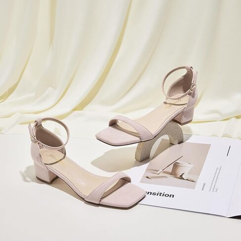 GENSHUO Women's Low Heel Sandals with 1 Inch Chunky Block Heel, Square Open Toe, Ankle Strap - Dress Heels for Wedding Party and Casual Outings in Saudi Arabia