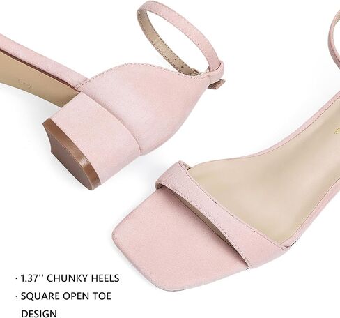 GENSHUO Women's Low Heel Sandals with 1 Inch Chunky Block Heel, Square Open Toe, Ankle Strap - Dress Heels for Wedding Party and Casual Outings in Saudi Arabia