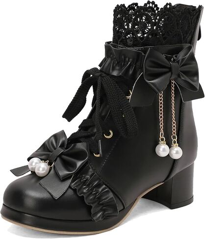 LUXMAX Women Lace Up Ankle Boots with Bow Kawaii Shoes Chunky Mid Heel Japanese Cosplay Shoes Platform Cute Lolita Boots in Saudi Arabia