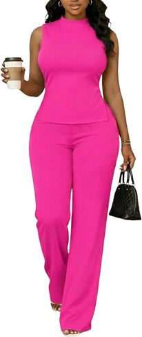 acelyn Elegant Women's 2 Piece Outfits Sleeveless Slit Mock Neck Top Wide Leg Pant Suits Set Work Business Pantsuit in Saudi Arabia