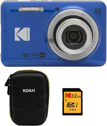 كاميرا رقمية KODAK PIXPRO Friendly Zoom FZ55-BL بدقة 16 ميجابكسل مع تكبير بصري 5X وزاوية واسعة 28 مم وشاشة LCD 2.7 بوصة (زرقاء) مع حافظة واقية وبطاقة ذاكرة 32 جيجابايت (3 عناصر) in Kuwait
