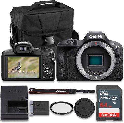 كاميرا Canon EOS R100 بدون مرآة مع عدسة RF-S مقاس 18-45 مم f/4.5-6.3 STM + RF مقاس 75-300 مم f/4-5.6 + SanDisk Ultra سعة 64 جيجابايت + فلتر للأشعة فوق البنفسجية + المزيد (حزمة مكونة من 16 قطعة) in Kuwait