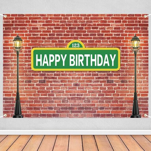 7x5ft Happy Birthday Street Sign Backdrop, 123 Green Sign Brick Wall and Lamp Posts Party Banner, Urban City Theme Birthday Party Photo Booth Background Decoration for Kids & Adults in Saudi Arabia