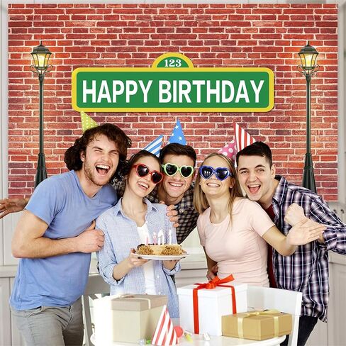 7x5ft Happy Birthday Street Sign Backdrop, 123 Green Sign Brick Wall and Lamp Posts Party Banner, Urban City Theme Birthday Party Photo Booth Background Decoration for Kids & Adults in Saudi Arabia