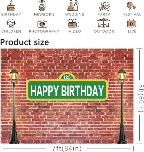 7x5ft Happy Birthday Street Sign Backdrop, 123 Green Sign Brick Wall and Lamp Posts Party Banner, Urban City Theme Birthday Party Photo Booth Background Decoration for Kids & Adults in Saudi Arabia
