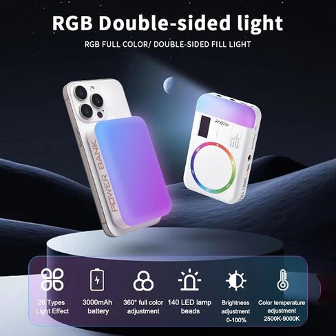 Tyenaza Andoer CC5 RGB ضوء فيديو مزدوج الجوانب للتصوير الفوتوغرافي 2500K 9000K كاميرا هاتف قابلة للتعتيم ملء ضوء 26 تأثيرات مشهد مدمجة في البطارية مع محول حذاء بارد in Kuwait