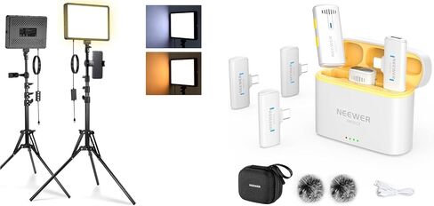 NEEWER Basics BP300 2 قطعة LED لوحة إضاءة فيديو مع حامل ثلاثي القوائم 59 بوصة/حاملات هاتف + نظام ميكروفون لاسلكي KM20 لهاتف iPhone Android والكمبيوتر اللوحي، أبيض in Kuwait