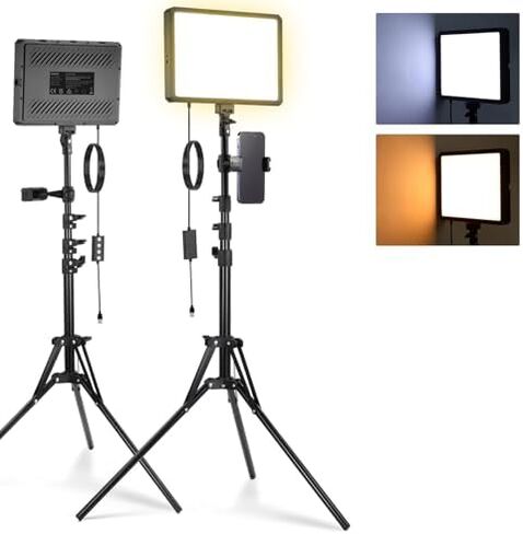 NEEWER Basics BP300 2 قطعة LED لوحة إضاءة فيديو مع حامل ثلاثي القوائم 59 بوصة/حاملات هاتف + نظام ميكروفون لاسلكي KM20 لهاتف iPhone Android والكمبيوتر اللوحي، أبيض in Kuwait