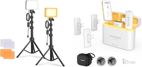NEEWER Basics BP66 طقم إضاءة لوحة إضاءة LED مكون من قطعتين + نظام ميكروفون لاسلكي KM20 لهواتف iPhone Android والكمبيوتر اللوحي، أبيض in Kuwait