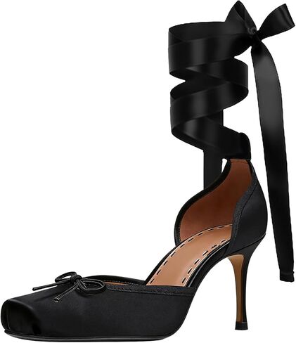 UniqueStride Women Satin Ballet High Heels Lace Up Ankle Strappy Pumps Bow Square Toe Stiletto Ballerina Sandals Mary Janes Elegant Party Dress Shoes in Saudi Arabia