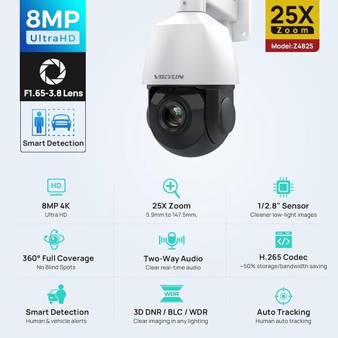 كاميرا VIKYLIN 4K PoE PTZ IP للأمان في الهواء الطلق، تكبير بصري 25X 5.9-147.5 مم تغطية 360 درجة تتبع بشري تلقائي، كشف الحركة الذكي، صوت ثنائي الاتجاه، رؤية ليلية بالأشعة تحت الحمراء واضحة بطول 328 قدمًا، الوصول عن بعد in Kuwait