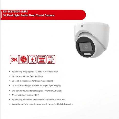 كاميرا DS-2CE76K0T-LMFS 3K Smart Hybrid Light Turbo HD TVI، محور BNC تناظري، 4 في 1 (TVI/AHD/CVI/CVBS)، مقاومة للطقس IP67، عدسة زاوية واسعة 2.8 مم، ميكروفون مدمج، تعمل فقط مع مسجل فيديو رقمي بدقة 8 ميجابكسل 4K in Kuwait