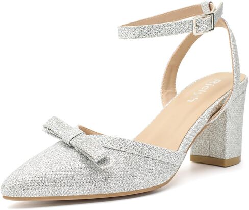 Women's Closed Toe Chunky Heels, Pointed Toe D'Orsay Slingback Pumps with Bow, Ankle Strap Low Heel Wedding Party Dress Shoes in Saudi Arabia