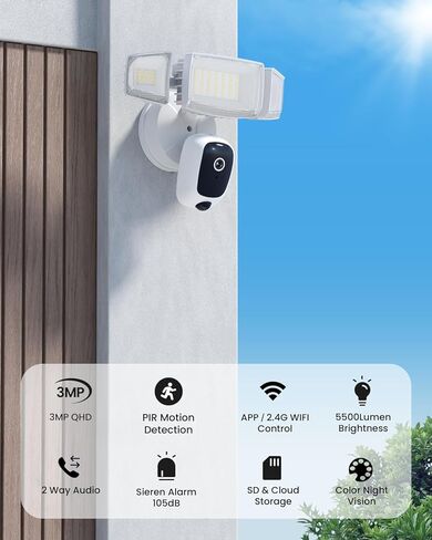 كاميرا Olafus Floodlight الخارجية - كاميرا مراقبة بدقة 2K QHD مزودة بأضواء كاشفة تعمل بالحركة، ومناطق اكتشاف مخصصة، ورؤية ليلية ملونة، ومحادثة ثنائية الاتجاه، وإضاءة خافتة بقدرة 55 وات، كريم أبيض in Kuwait