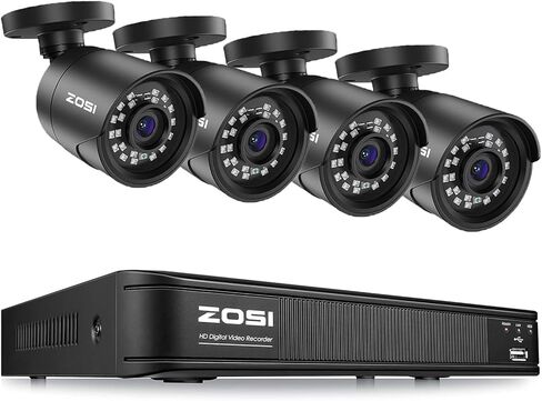 نظام كاميرا مراقبة ZOSI 1080p 8 قنوات مع تقنية الذكاء الاصطناعي للكشف عن المركبات البشرية، H.265+ DVR هجين و4 × 1080p كاميرات مراقبة خارجية داخلية مع رؤية ليلية، وصول عن بعد، بدون محرك أقراص ثابتة in Kuwait