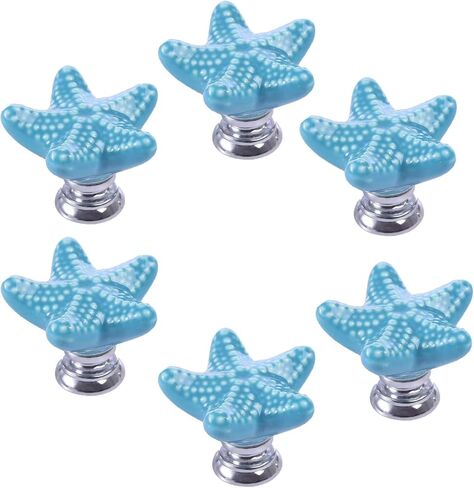 Starfish Ceramic Drawer Pulls Handles for Nursery Dresser Cupboard Wardrobe Cabinet Kitchen Beach Ocean Theme Knobs Pack of 6 (Blue) in Saudi Arabia