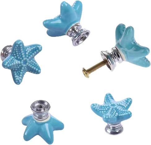Starfish Ceramic Drawer Pulls Handles for Nursery Dresser Cupboard Wardrobe Cabinet Kitchen Beach Ocean Theme Knobs Pack of 6 (Blue) in Saudi Arabia