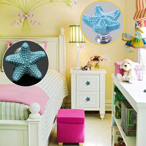 Starfish Ceramic Drawer Pulls Handles for Nursery Dresser Cupboard Wardrobe Cabinet Kitchen Beach Ocean Theme Knobs Pack of 6 (Blue) in Saudi Arabia