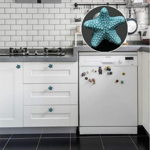 Starfish Ceramic Drawer Pulls Handles for Nursery Dresser Cupboard Wardrobe Cabinet Kitchen Beach Ocean Theme Knobs Pack of 6 (Blue) in Saudi Arabia