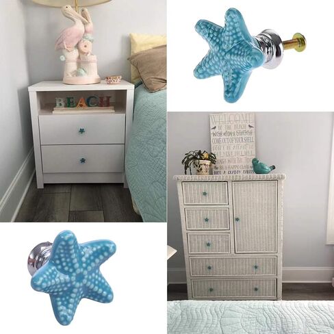 Starfish Ceramic Drawer Pulls Handles for Nursery Dresser Cupboard Wardrobe Cabinet Kitchen Beach Ocean Theme Knobs Pack of 6 (Blue) in Saudi Arabia